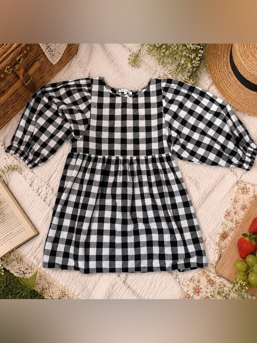 San Jose The Label Gingham Puff Sleeve Babydoll Dress Black/White Size S